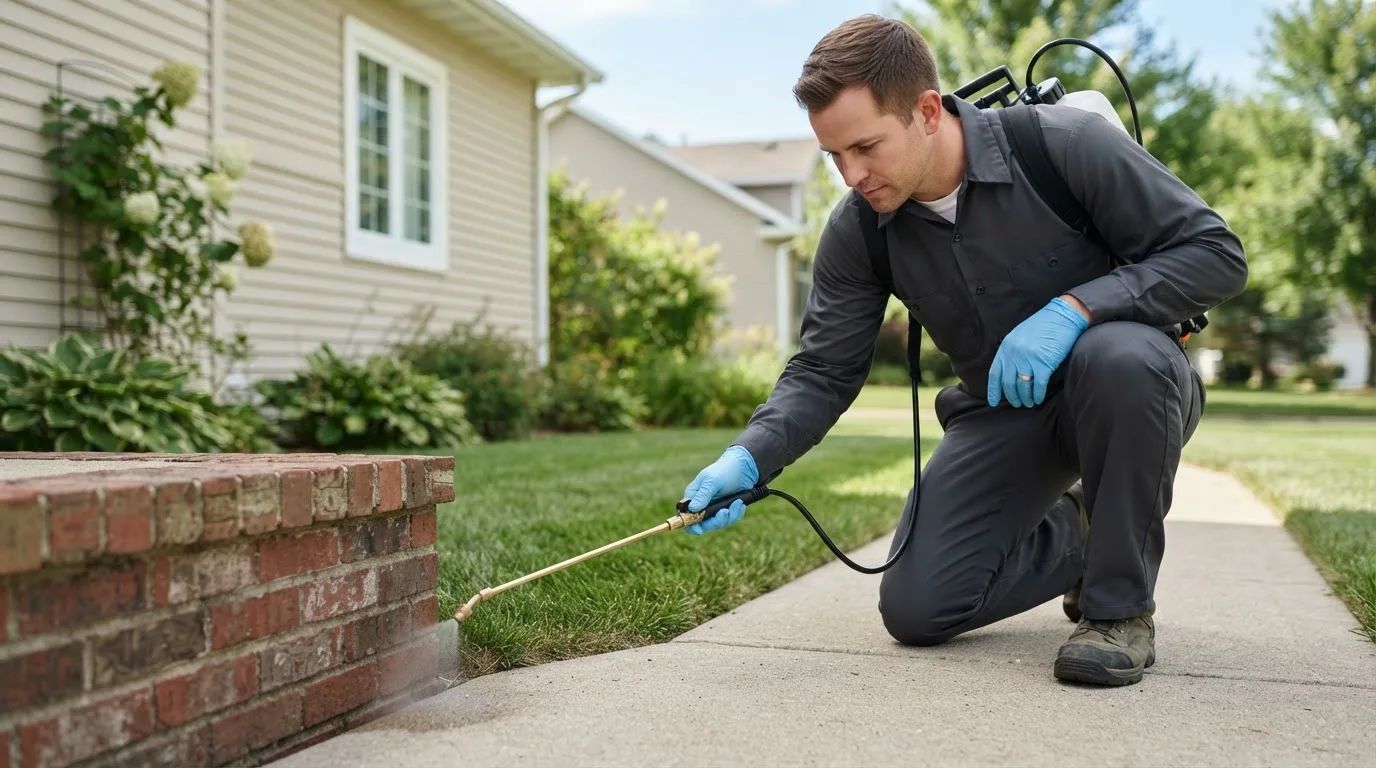 Pest control technician treating a home near Brookston, TX